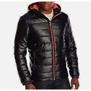 Cole Haan Signature Men's Black Faux Leather Quilted Puffer Jacket Coat Size S